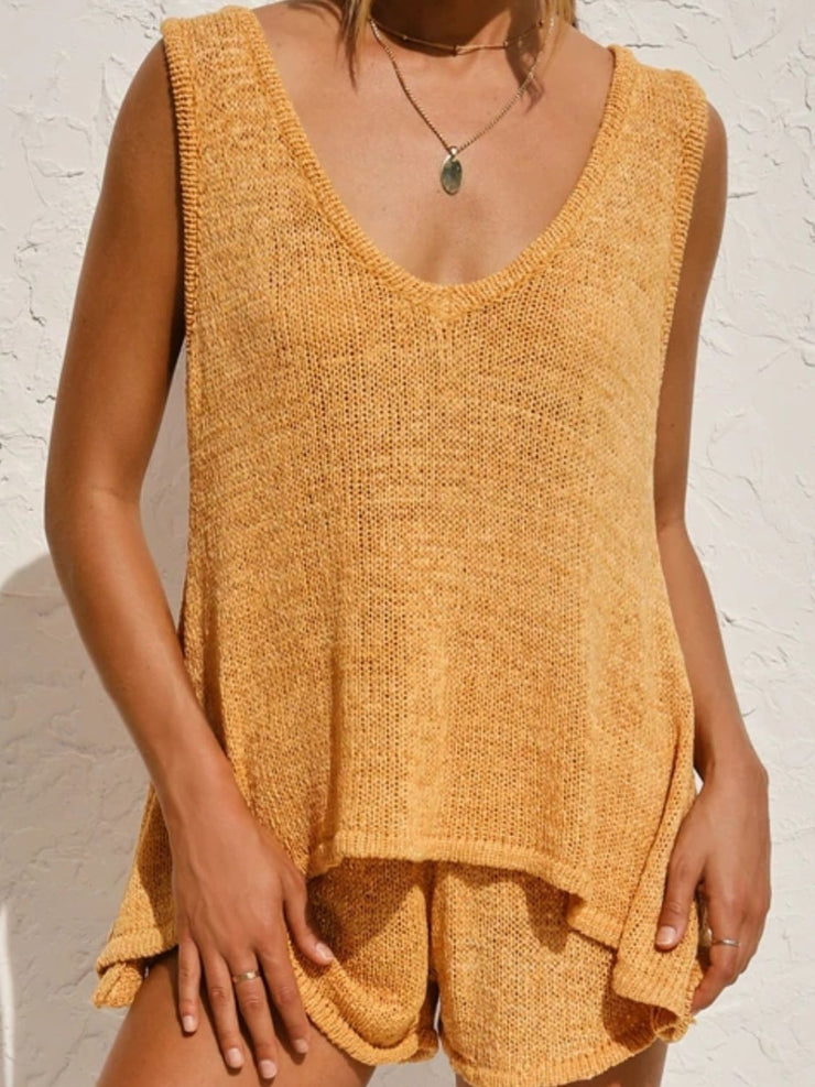 V-Neck Sleeveless Top and Drawstring Shorts Sweater Set - The Michelle Style Boutique