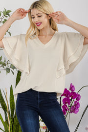 V-Neck Lace Trim Flutter Sleeve Top - The Michelle Style Boutique