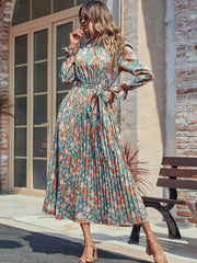 Perfee Tied Pleated Printed Mock Neck Long Sleeve Dress