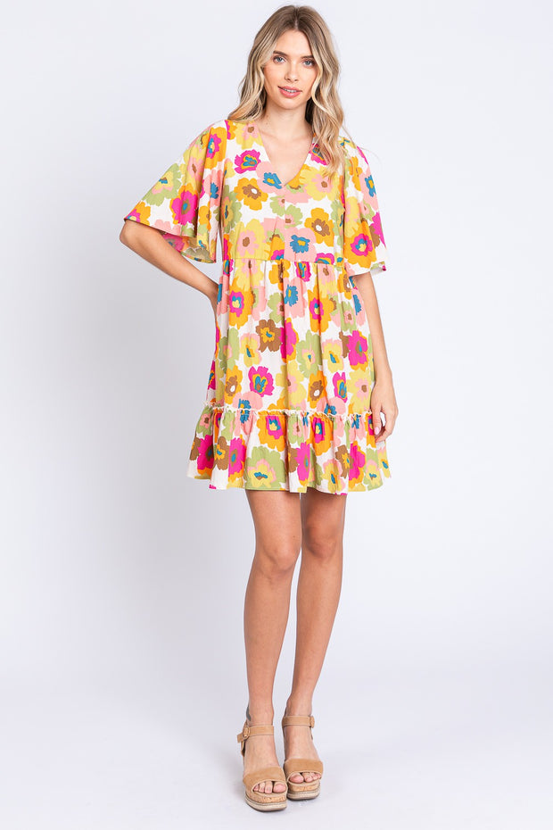 GeeGee Floral V-Neck Ruffle Hem Mini Dress - The Michelle Style Boutique