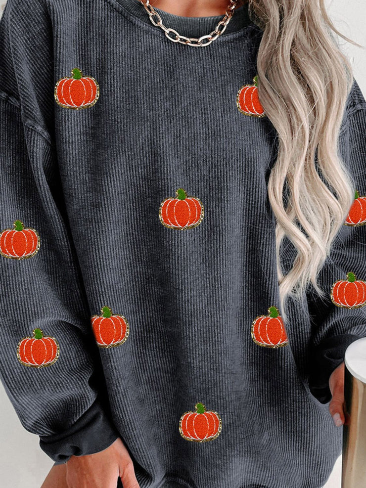 Pumpkin Round Neck Long Sleeve Sweatshirt - The Michelle Style Boutique