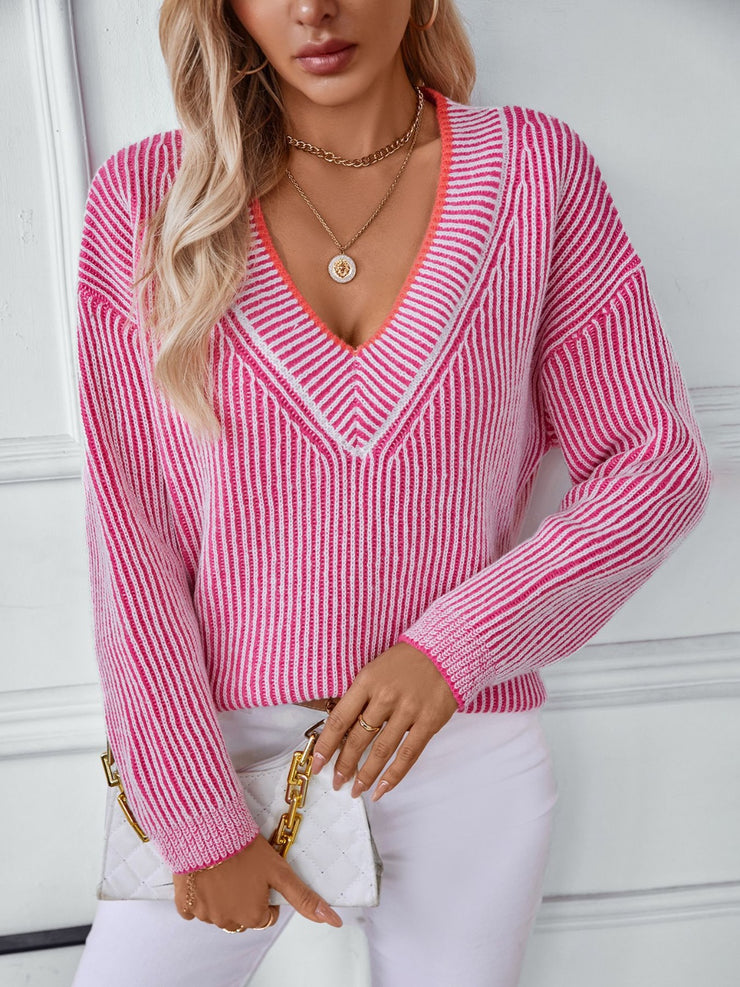 Striped V-Neck Long Sleeve Sweater - The Michelle Style Boutique