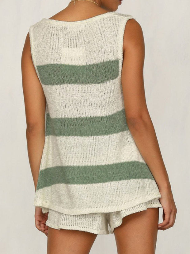 V-Neck Sleeveless Top and Drawstring Shorts Sweater Set - The Michelle Style Boutique