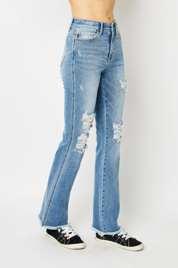 Judy Blue Full Size Distressed Raw Hem Bootcut Jeans - The Michelle Style Boutique