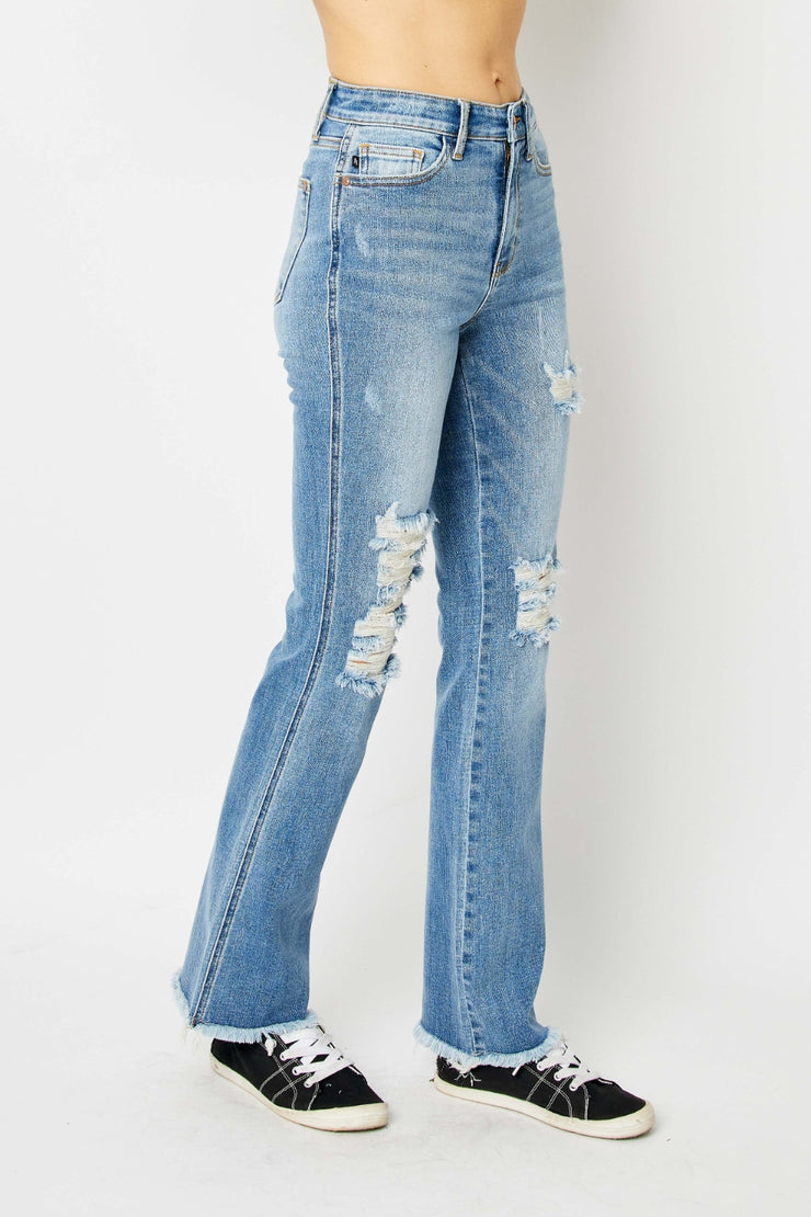 Judy Blue Full Size Distressed Raw Hem Bootcut Jeans - The Michelle Style Boutique