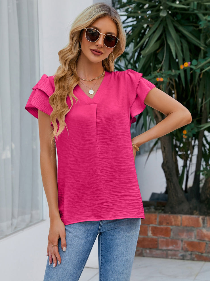 V-Neck Flounce Sleeve Blouse - The Michelle Style Boutique