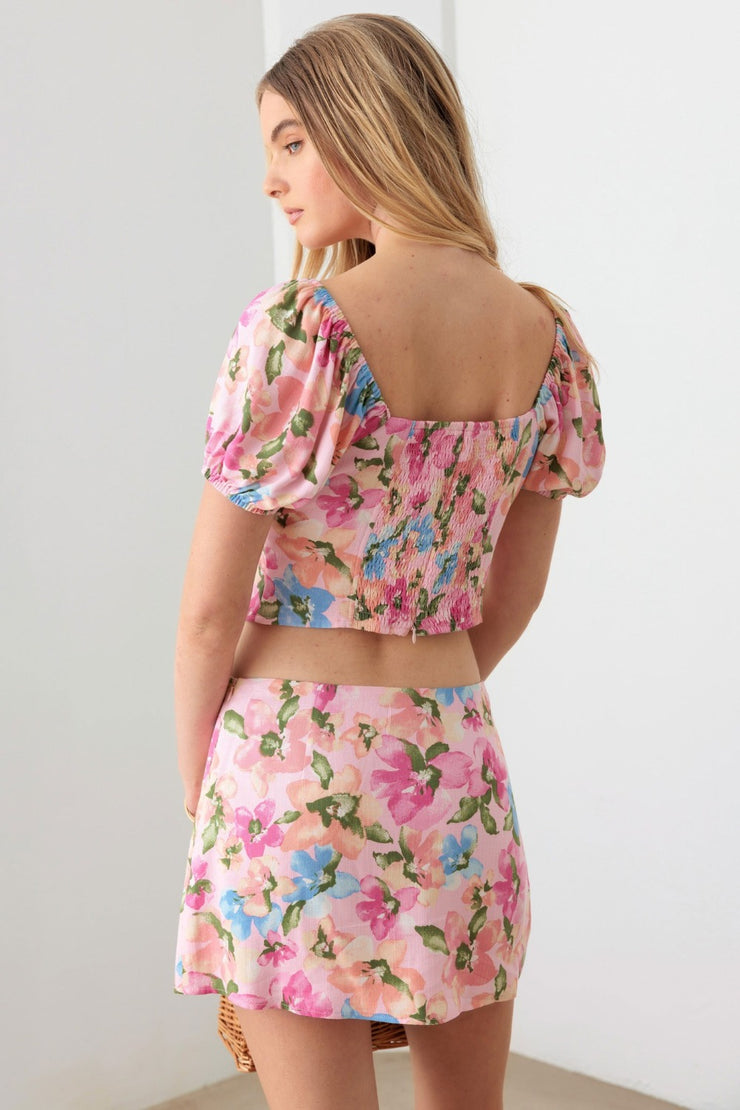 Le Lis Floral Puff Sleeve Crop Top and Mini Skirt Set - The Michelle Style Boutique