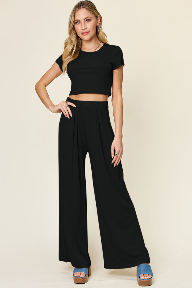 Double Take Full Size Round Neck Top and Pants Set - The Michelle Style Boutique