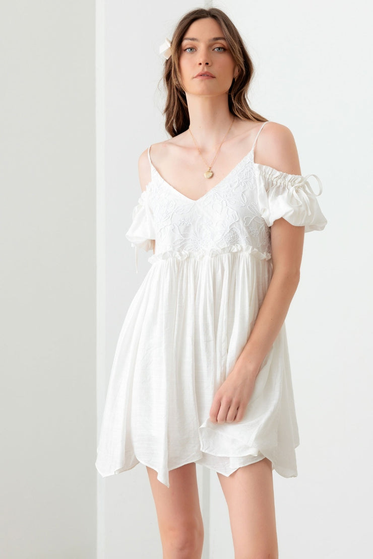 Dreamy White Embroidered Floral Shirred Cold Shoulder Mini Dress - The Michelle Style Boutique