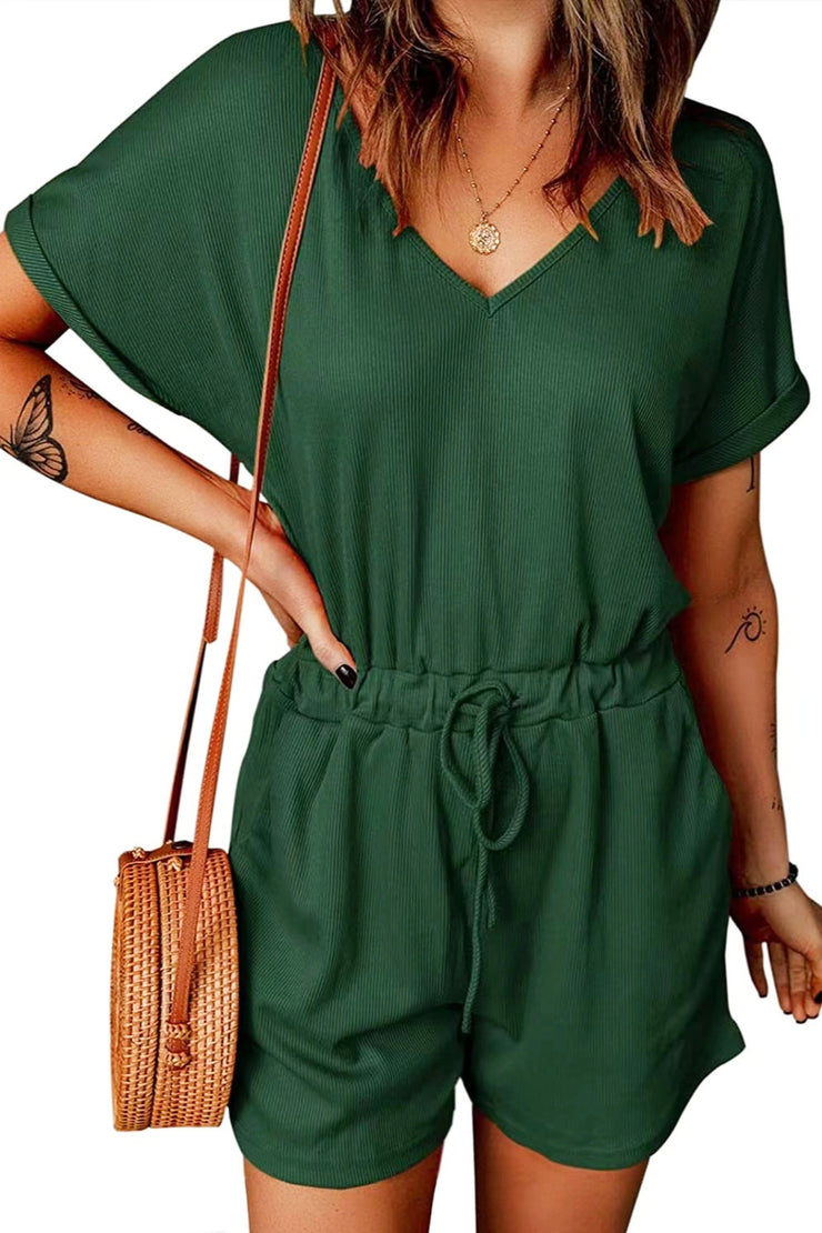 Full Size Drawstring V-Neck Short Sleeve Romper - The Michelle Style Boutique