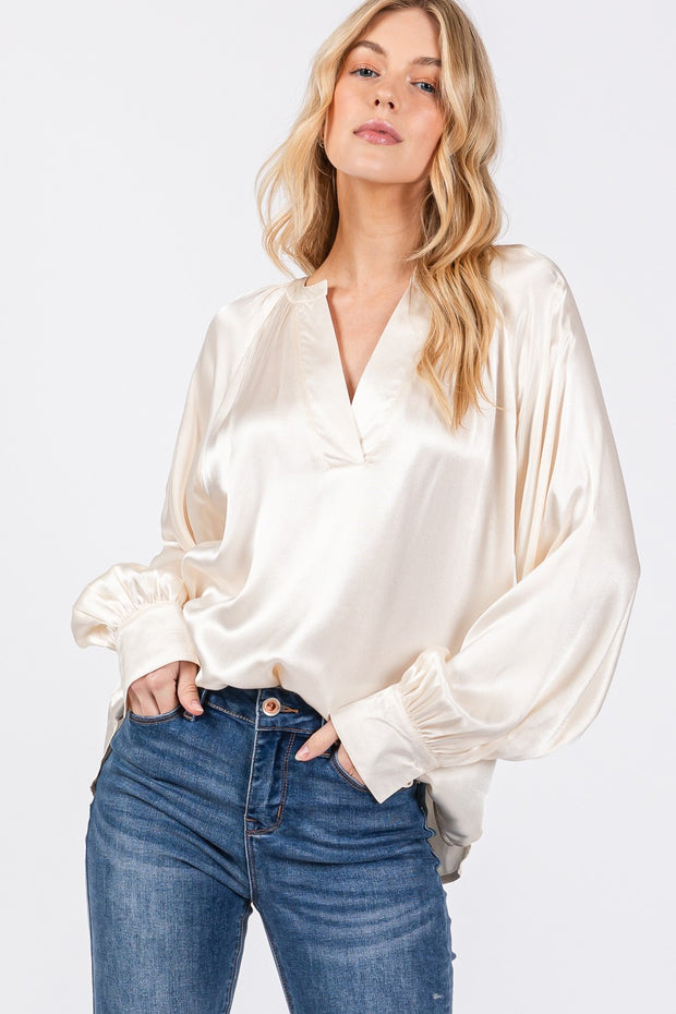 Lustrous Notched Ivory Long Sleeve Blouse - The Michelle Style Boutique