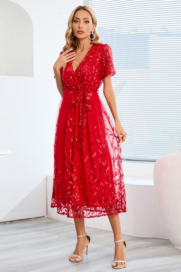 Sequin Leaf Embroidery Tie Front Short Sleeve Dress - The Michelle Style Boutique