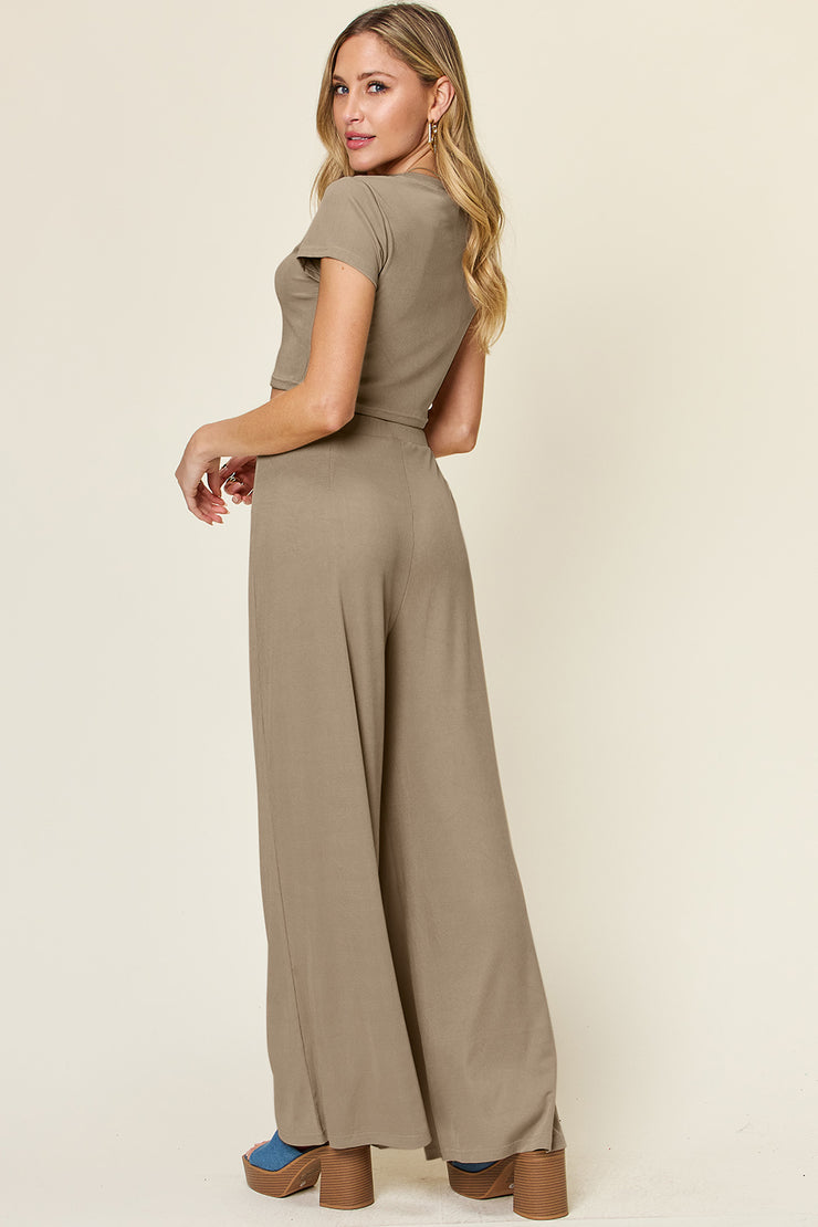 Double Take Full Size Round Neck Top and Pants Set - The Michelle Style Boutique