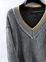 Striped V-Neck Long Sleeve Sweater - The Michelle Style Boutique