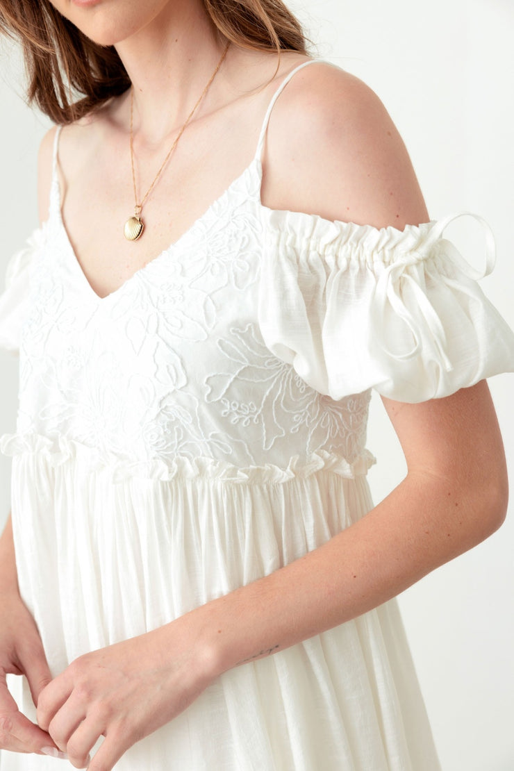 Dreamy White Embroidered Floral Shirred Cold Shoulder Mini Dress - The Michelle Style Boutique