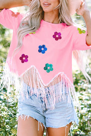 Sequin Flower Round Neck Half Sleeve T-Shirt - The Michelle Style Boutique