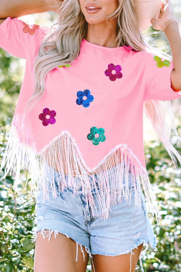 Sequin Flower Round Neck Half Sleeve T-Shirt - The Michelle Style Boutique