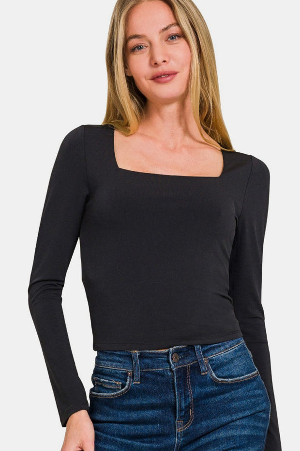 Zenana Square Neck Fitted Long Sleeve T-Shirt - The Michelle Style Boutique