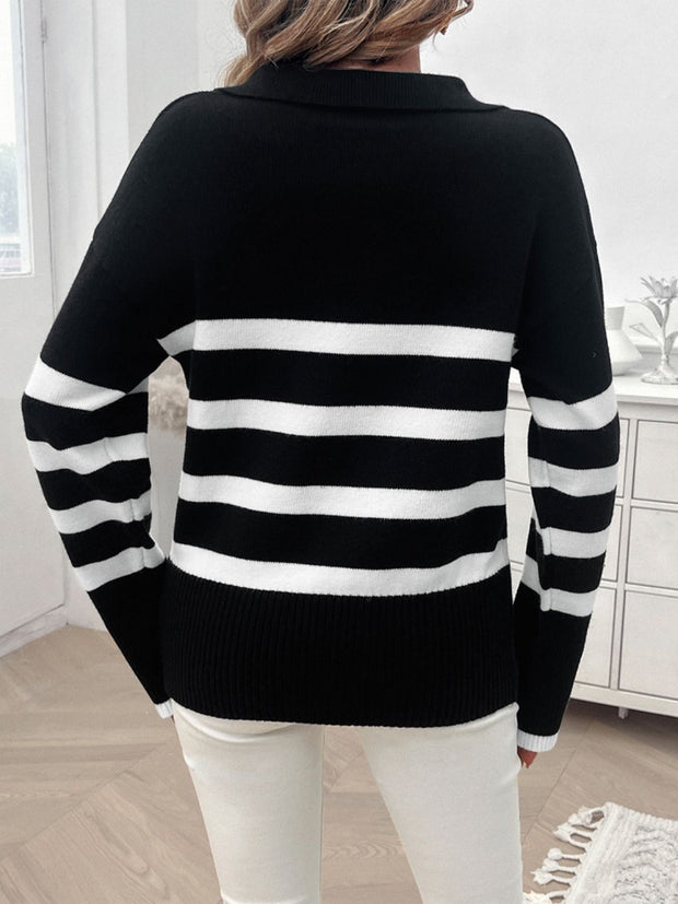 Striped Collared Neck Long Sleeve Sweater - The Michelle Style Boutique