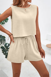 Round Neck Top and Drawstring Shorts Set - The Michelle Style Boutique