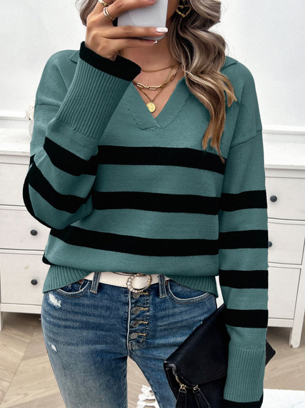 Striped Collared Neck Long Sleeve Sweater - The Michelle Style Boutique