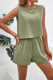 Round Neck Top and Drawstring Shorts Set - The Michelle Style Boutique