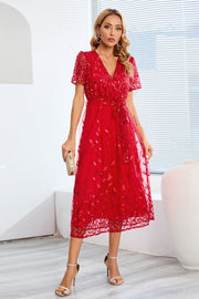 Sequin Leaf Embroidery Tie Front Short Sleeve Dress - The Michelle Style Boutique