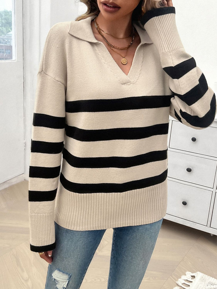 Striped Collared Neck Long Sleeve Sweater - The Michelle Style Boutique