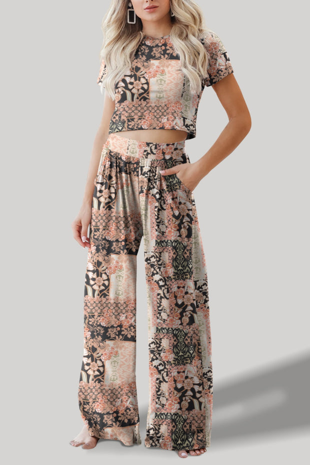 Printed Round Neck Short Sleeve Top and Pants Set - The Michelle Style Boutique