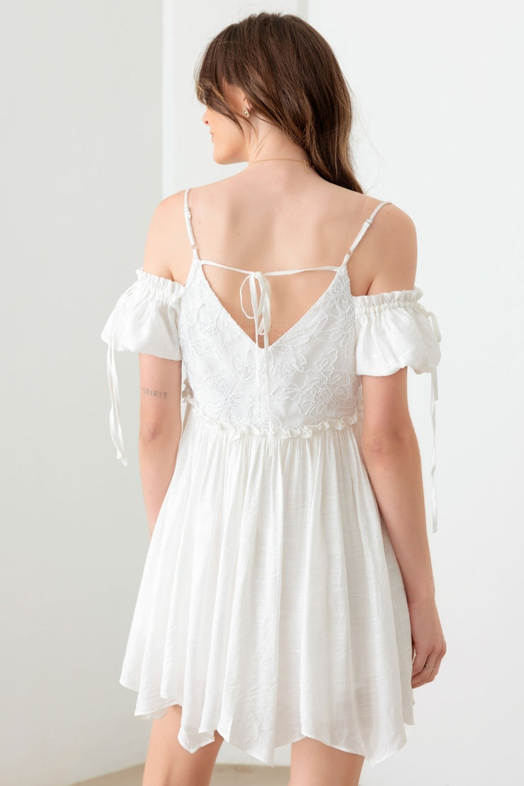 Dreamy White Embroidered Floral Shirred Cold Shoulder Mini Dress - The Michelle Style Boutique