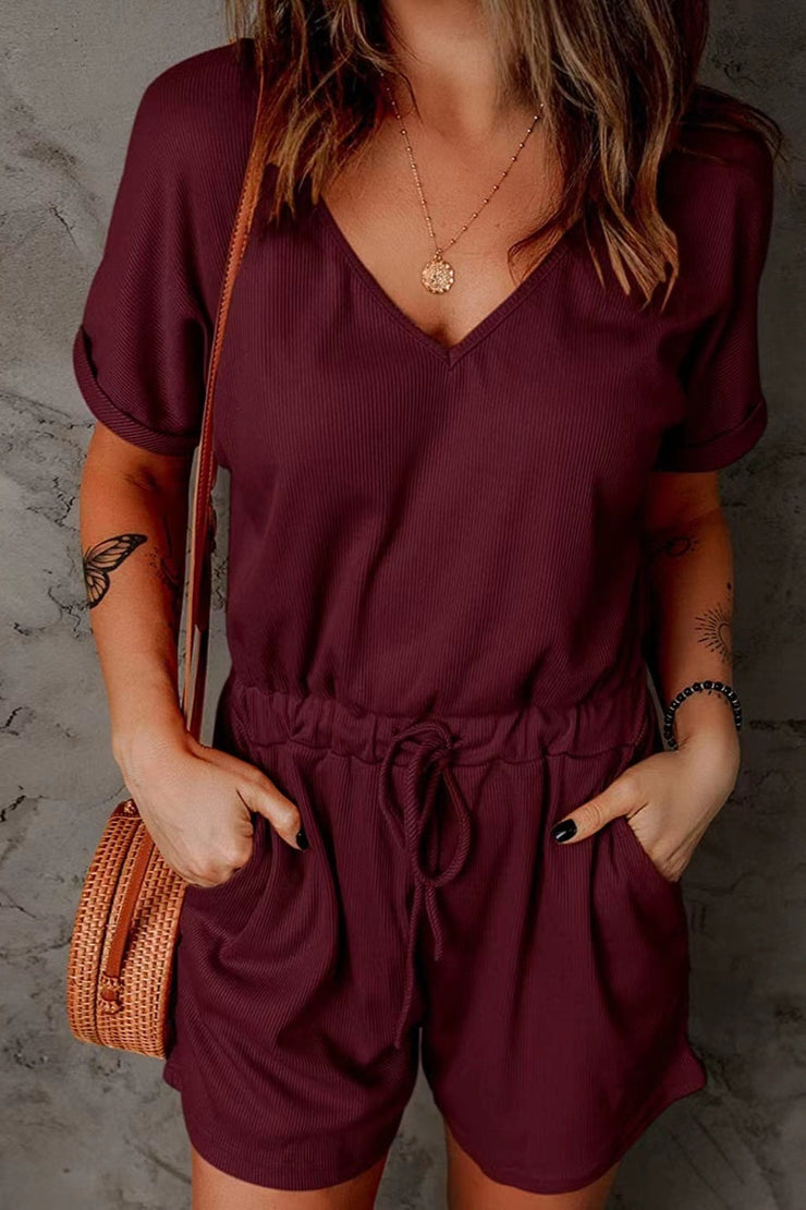 Full Size Drawstring V-Neck Short Sleeve Romper - The Michelle Style Boutique