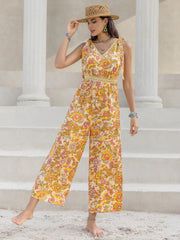 Printed V-Neck Tie Shoulder Jumpsuit - The Michelle Style Boutique