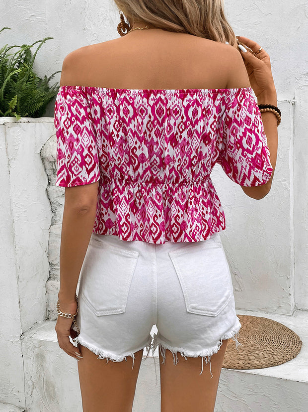 Peplum Printed Off-Shoulder Short Sleeve Blouse - The Michelle Style Boutique