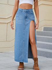 Slit Buttoned Denim Skirt with Pockets - The Michelle Style Boutique