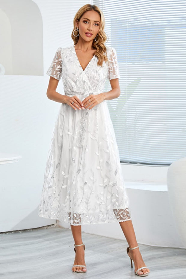 Sequin Leaf Embroidery Tie Front Short Sleeve Dress - The Michelle Style Boutique