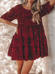 Full Size Sequin Round Neck Half Sleeve Mini Dress - The Michelle Style Boutique