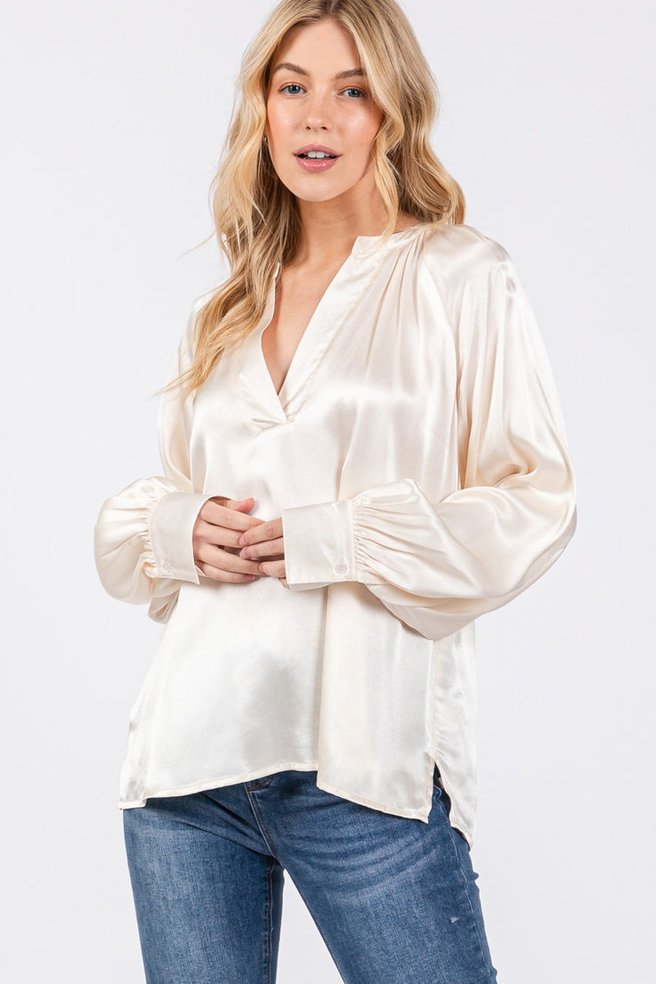 Lustrous Notched Ivory Long Sleeve Blouse - The Michelle Style Boutique