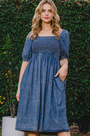 ODDI Full Size Washed Smocked Puff Sleeve Dress - The Michelle Style Boutique