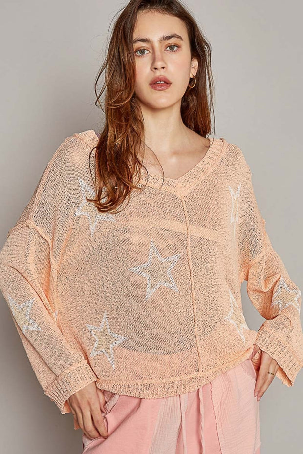 V-Neck Long Sleeve Star Print Knit Top - The Michelle Style Boutique