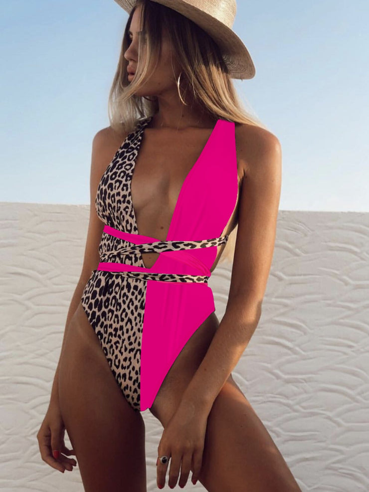 Tied Leopard Plunge One-Piece Swimwear - The Michelle Style Boutique