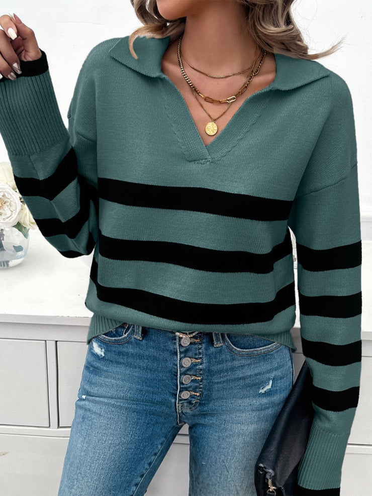 Striped Collared Neck Long Sleeve Sweater - The Michelle Style Boutique