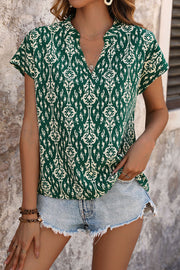 Printed Notched Short Sleeve Blouse - The Michelle Style Boutique