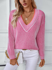 Striped V-Neck Long Sleeve Sweater - The Michelle Style Boutique