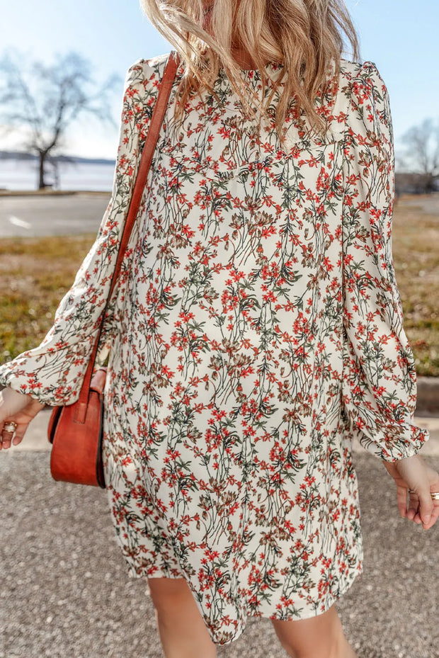 Floral Round Neck Long Sleeve Mini Dress - The Michelle Style Boutique