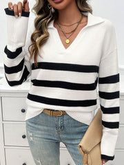 Striped Collared Neck Long Sleeve Sweater - The Michelle Style Boutique