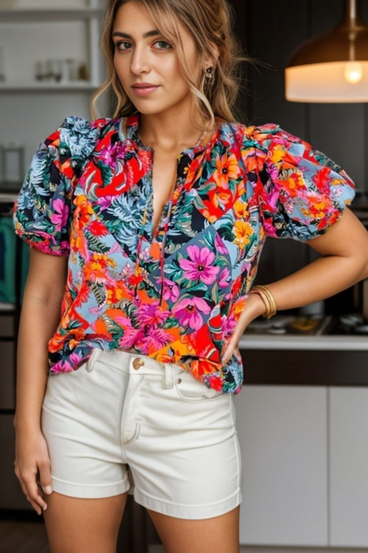 Ruffled Printed Tie Neck Short Sleeve Blouse - The Michelle Style Boutique