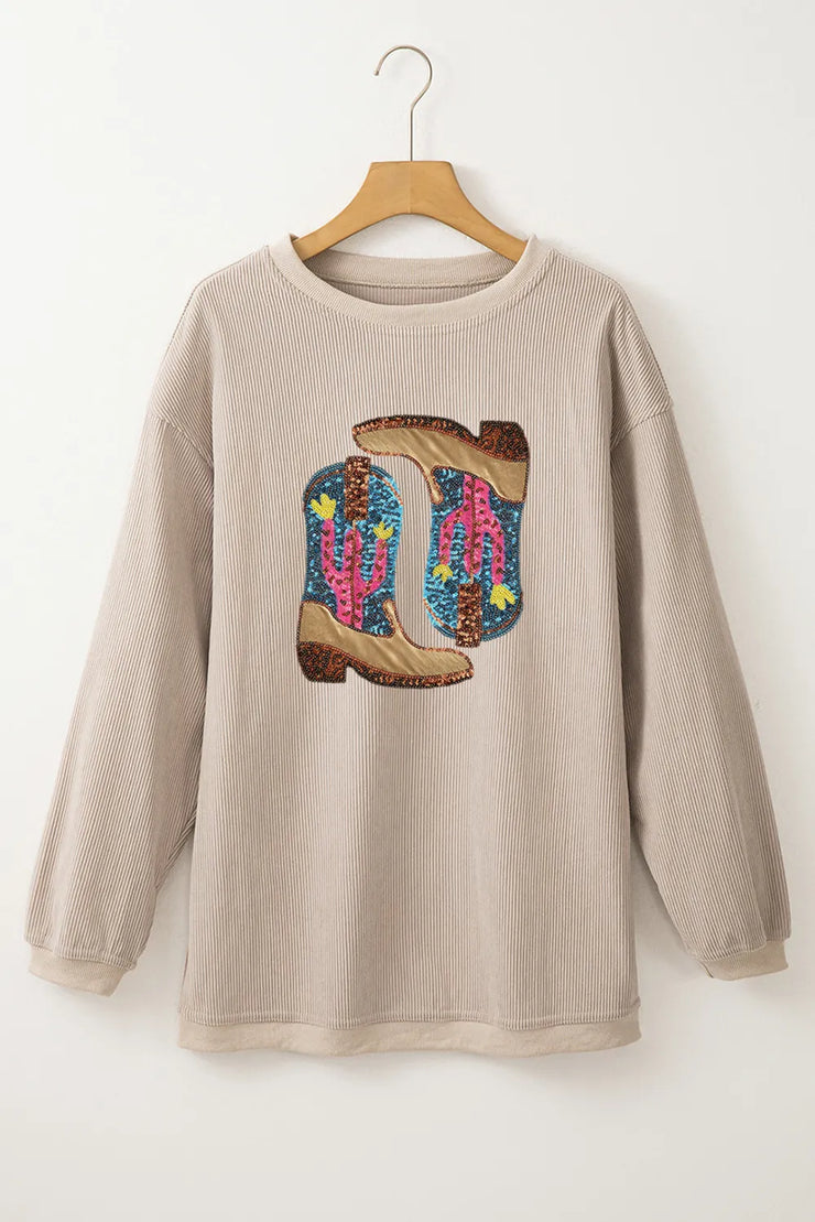 Full Size Sequin Boots Round Neck Long Sleeve Sweatshirt - The Michelle Style Boutique