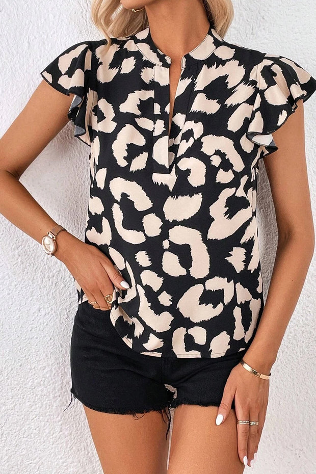 Leopard Notched Cap Sleeve Blouse - The Michelle Style Boutique