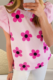 Ruffled Flower Printed Round Neck Cap Sleeve Blouse - The Michelle Style Boutique