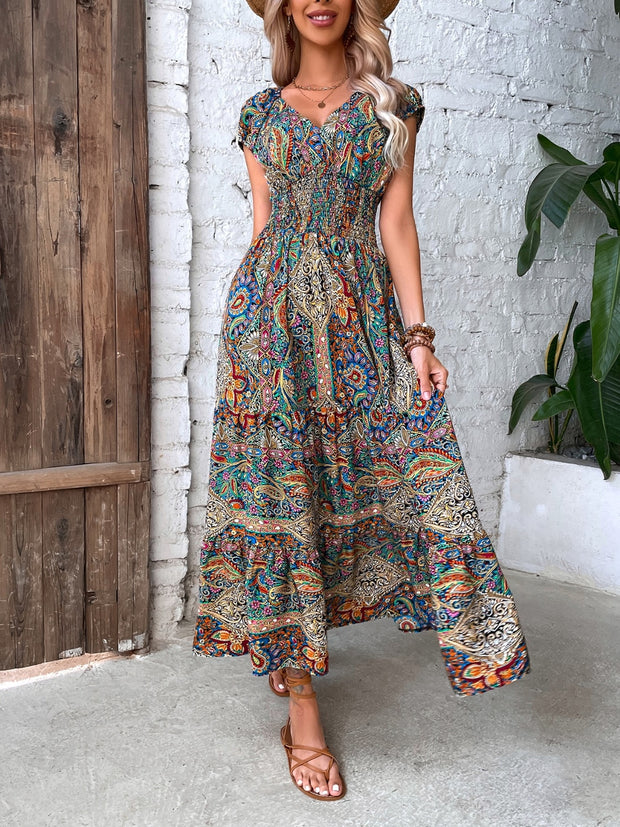 Smocked Printed Cap Sleeve Midi Dress - The Michelle Style Boutique